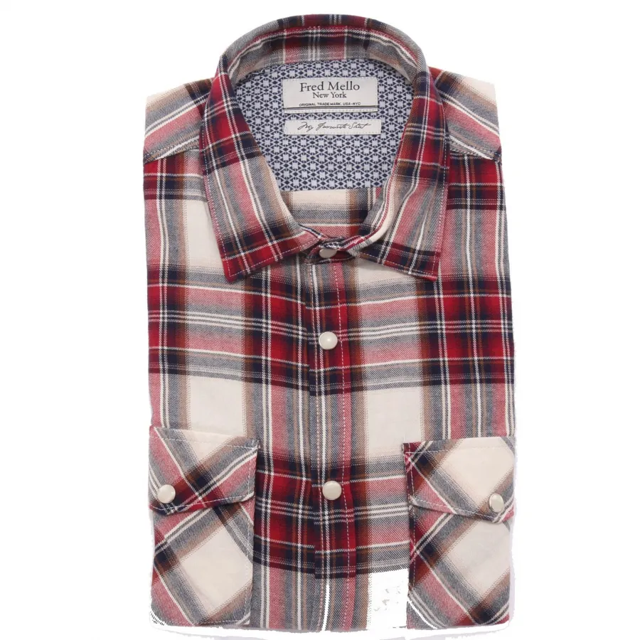 9634AE camicia uomo FRED MELLO red/white/blue check cotton flannel shirt