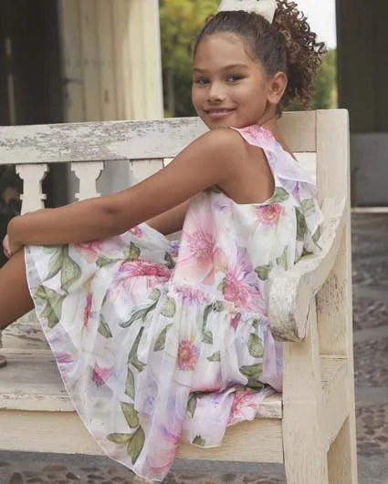 Abito corto senza maniche in fantasia floreale rosa e verde con balza 4-7 anni