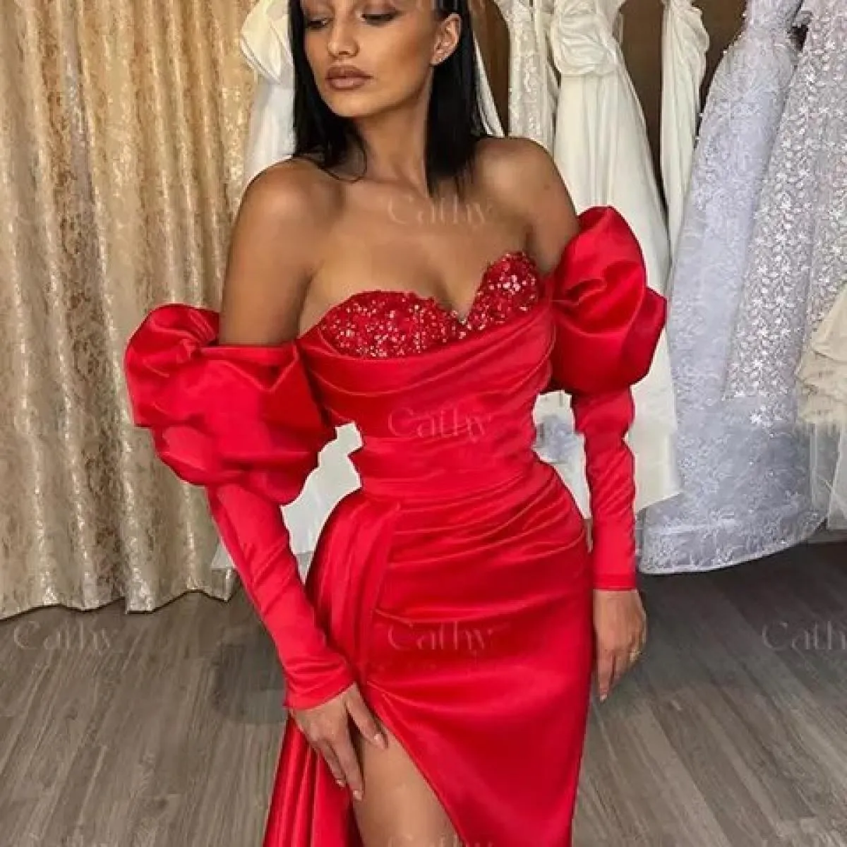 Abito da sera in raso rosso a sirena Abiti da ballo rossi Maniche Abiti da sera rossi Abiti da sera