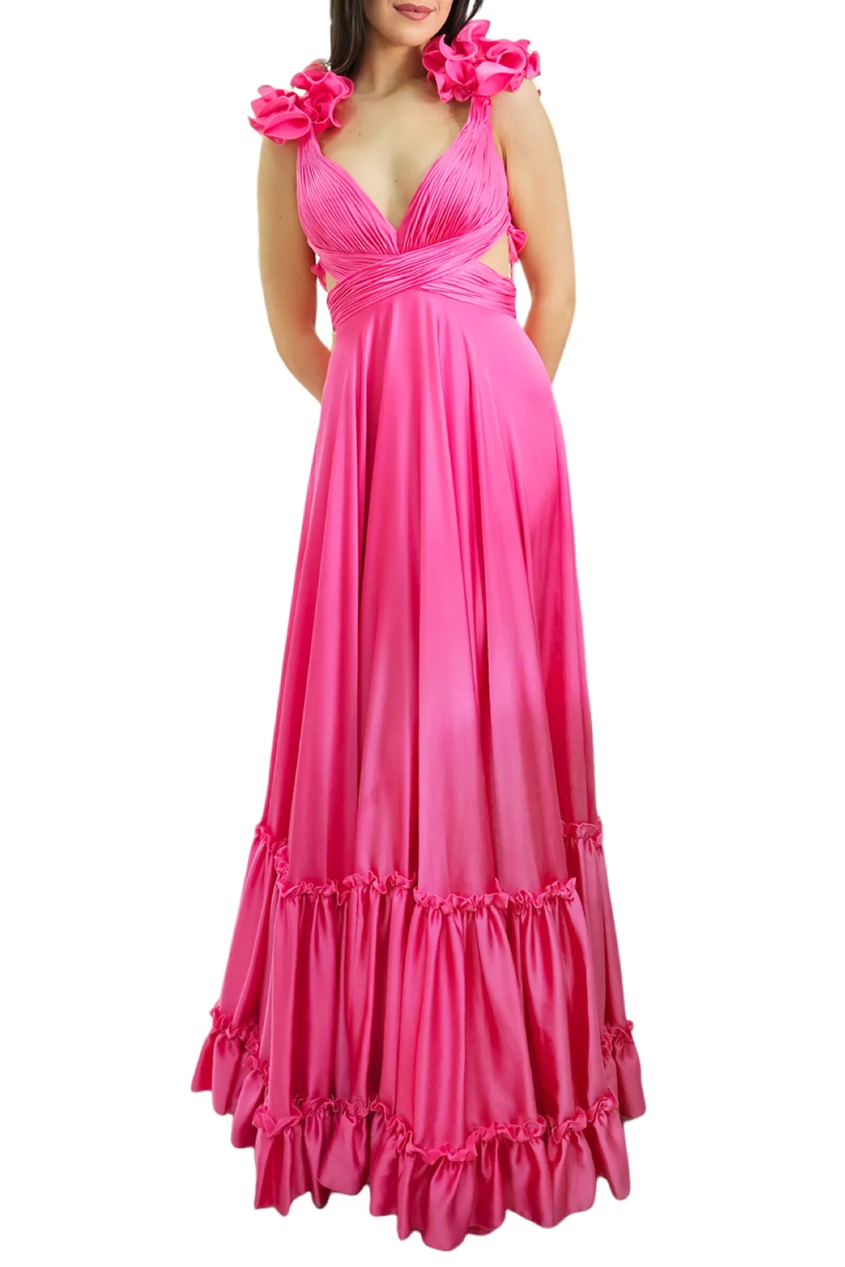 Abito donna lungo in satin corpetto plisse e spalline rouches balze sul gonnellone chiusura a incrocio