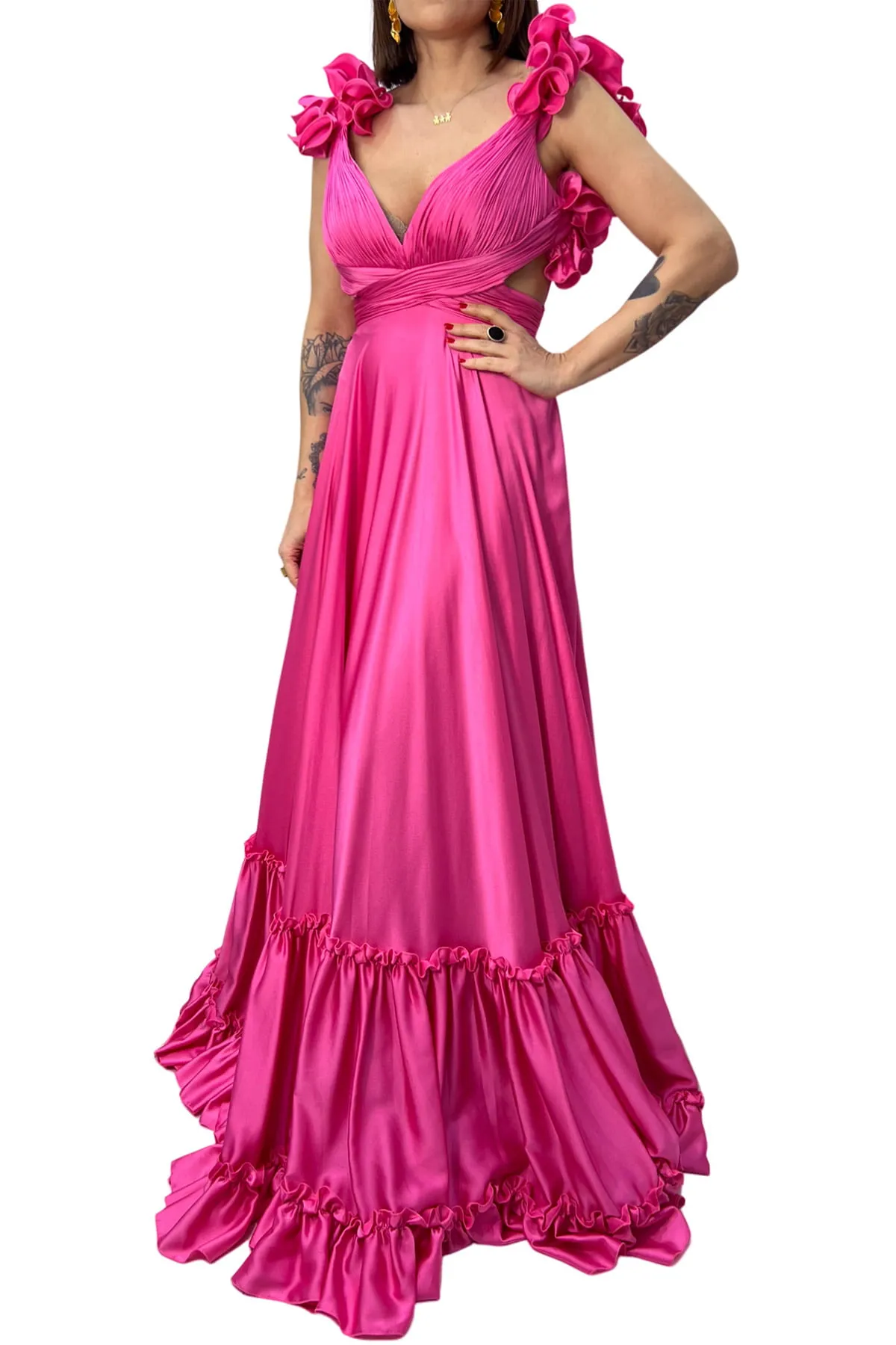 Abito donna lungo in satin corpetto plisse e spalline rouches balze sul gonnellone chiusura a incrocio