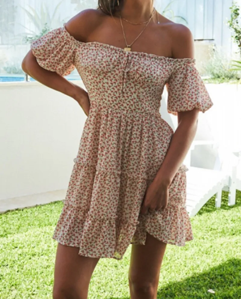 Abito floreale alla moda con scollo a barchetta Abito corto da vacanza Abito da ufficio