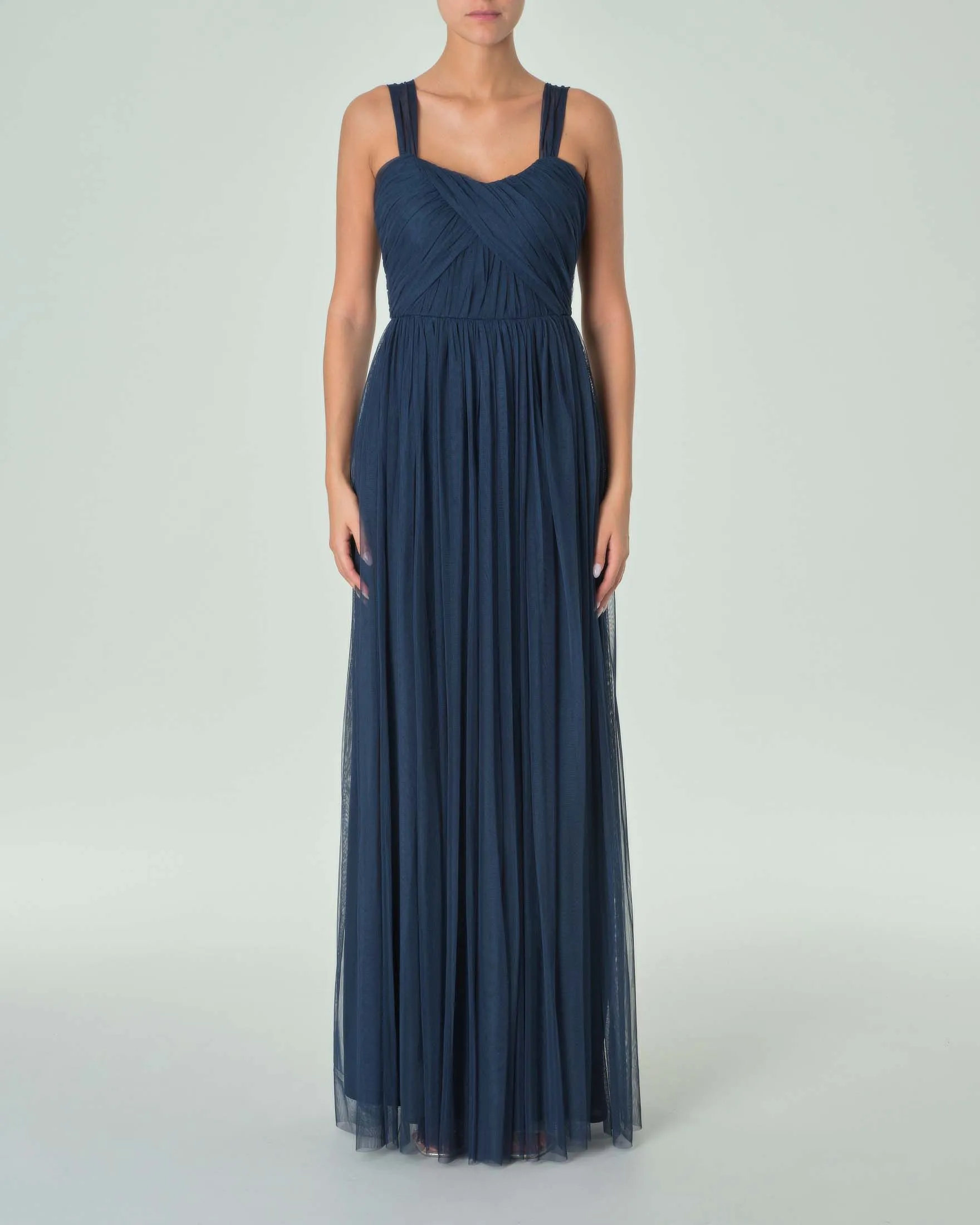 Abito lungo blu navy in tulle senza maniche e corpetto con drappeggio incrociato