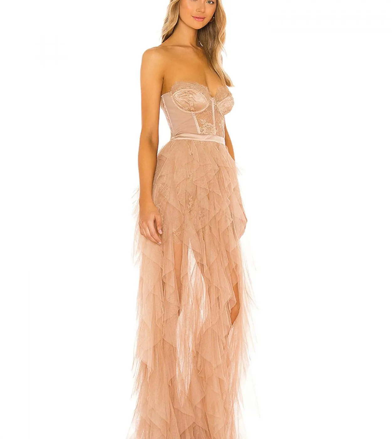Abito lungo plissettato in pizzo senza spalline in tulle da donna Abito lungo senza spalline in pizzo rosa albicocca con volant