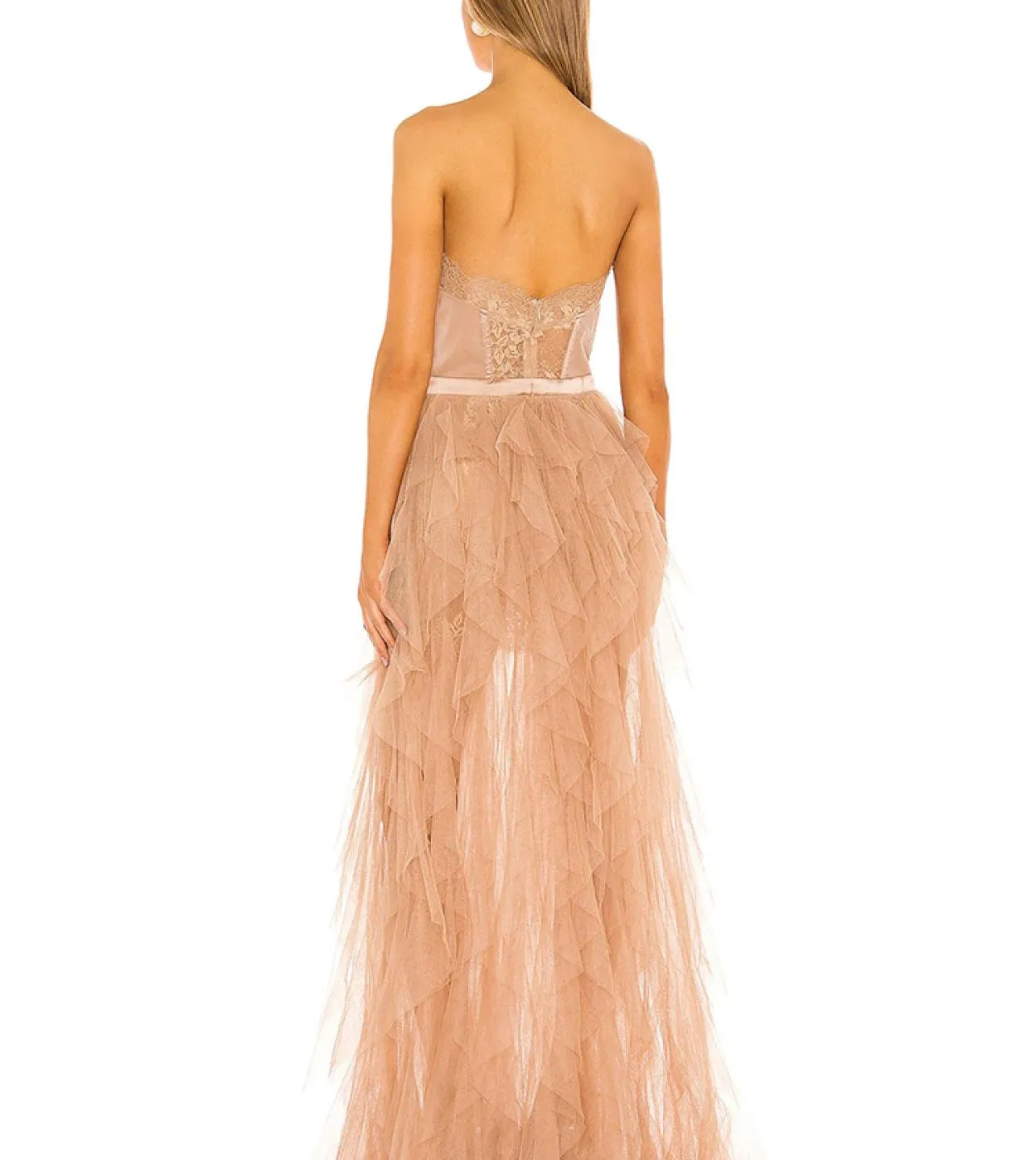 Abito lungo plissettato in pizzo senza spalline in tulle da donna Abito lungo senza spalline in pizzo rosa albicocca con volant