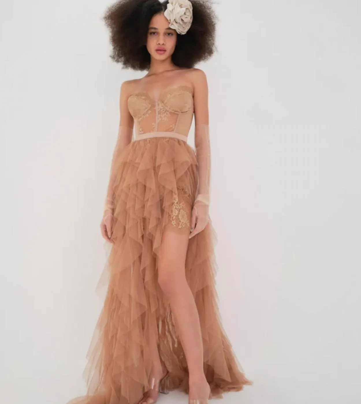 Abito lungo plissettato in pizzo senza spalline in tulle da donna Abito lungo senza spalline in pizzo rosa albicocca con volant