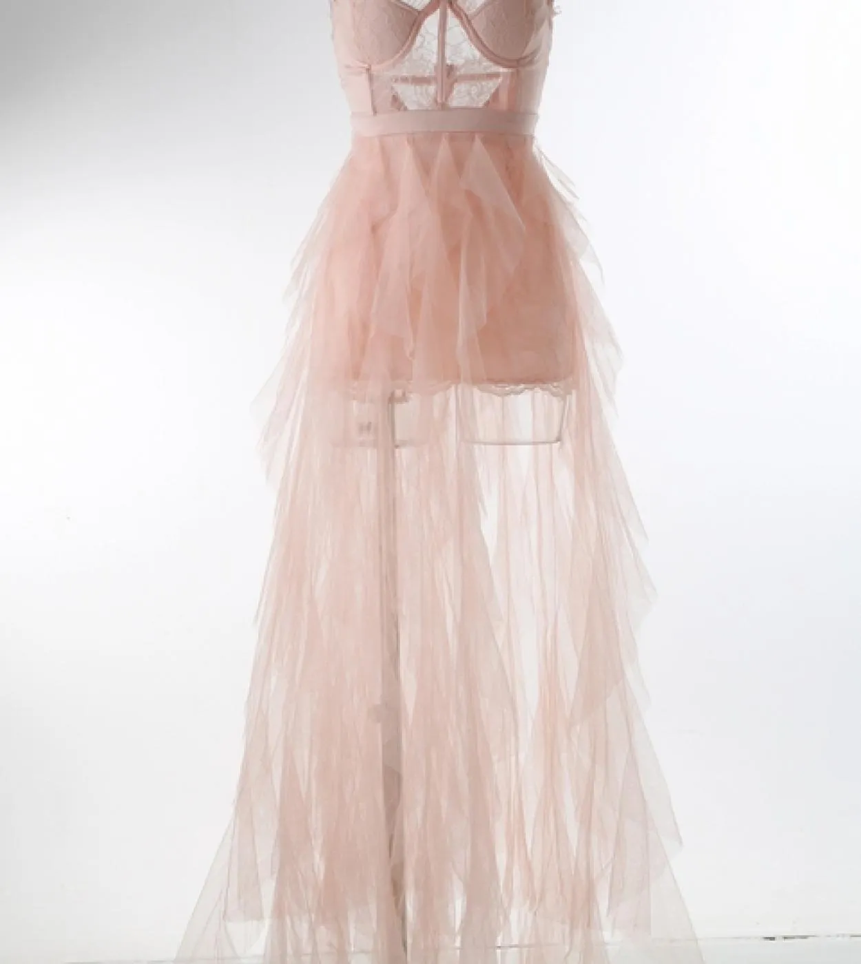 Abito lungo plissettato in pizzo senza spalline in tulle da donna Abito lungo senza spalline in pizzo rosa albicocca con volant