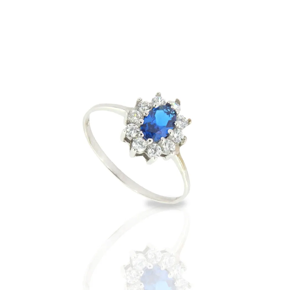 Anello Donna Rosetta in Oro Bianco con Zirconi e Zaffiro Sintetico