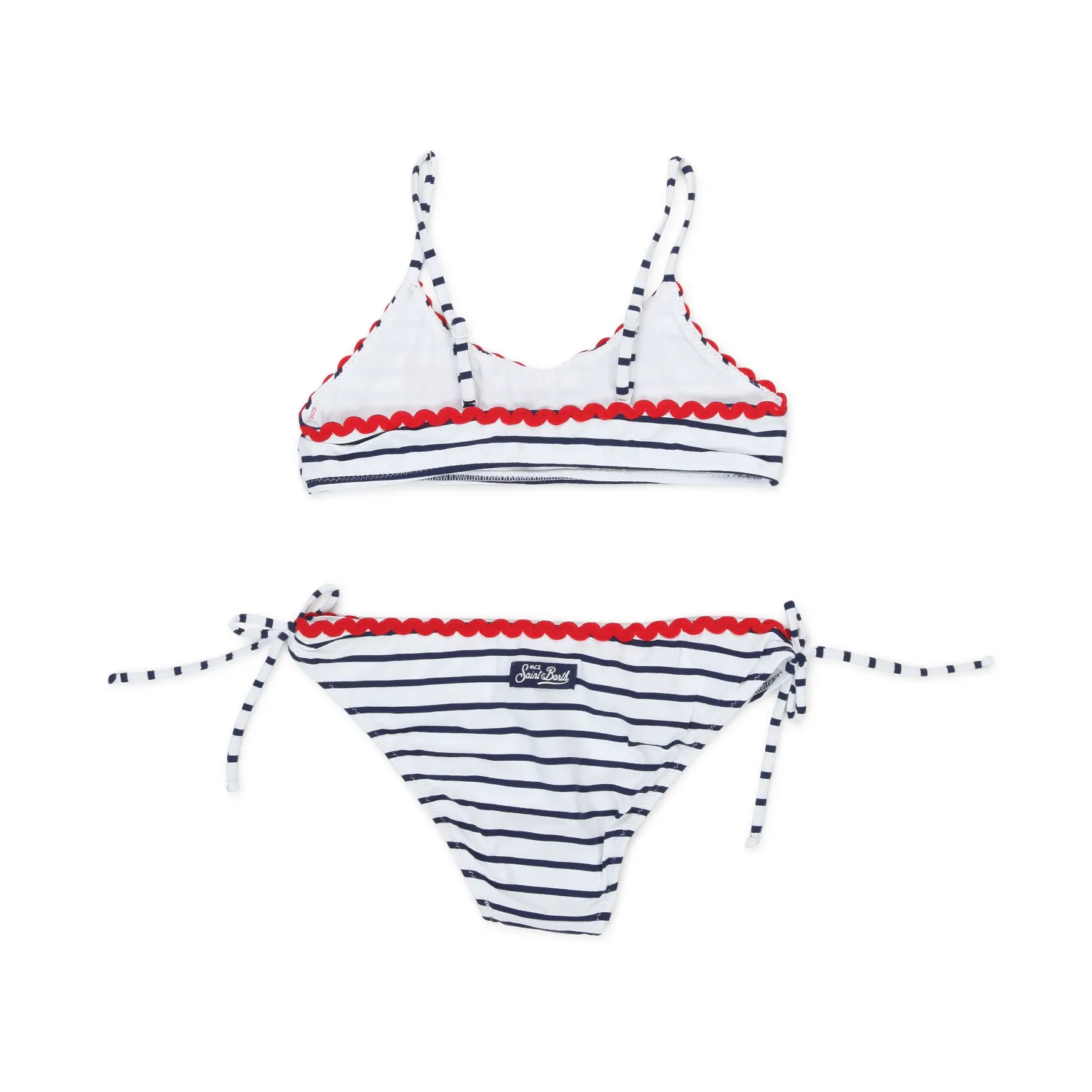 Bikini Bianco A Righe Blu Con Orli Rossi Bambina