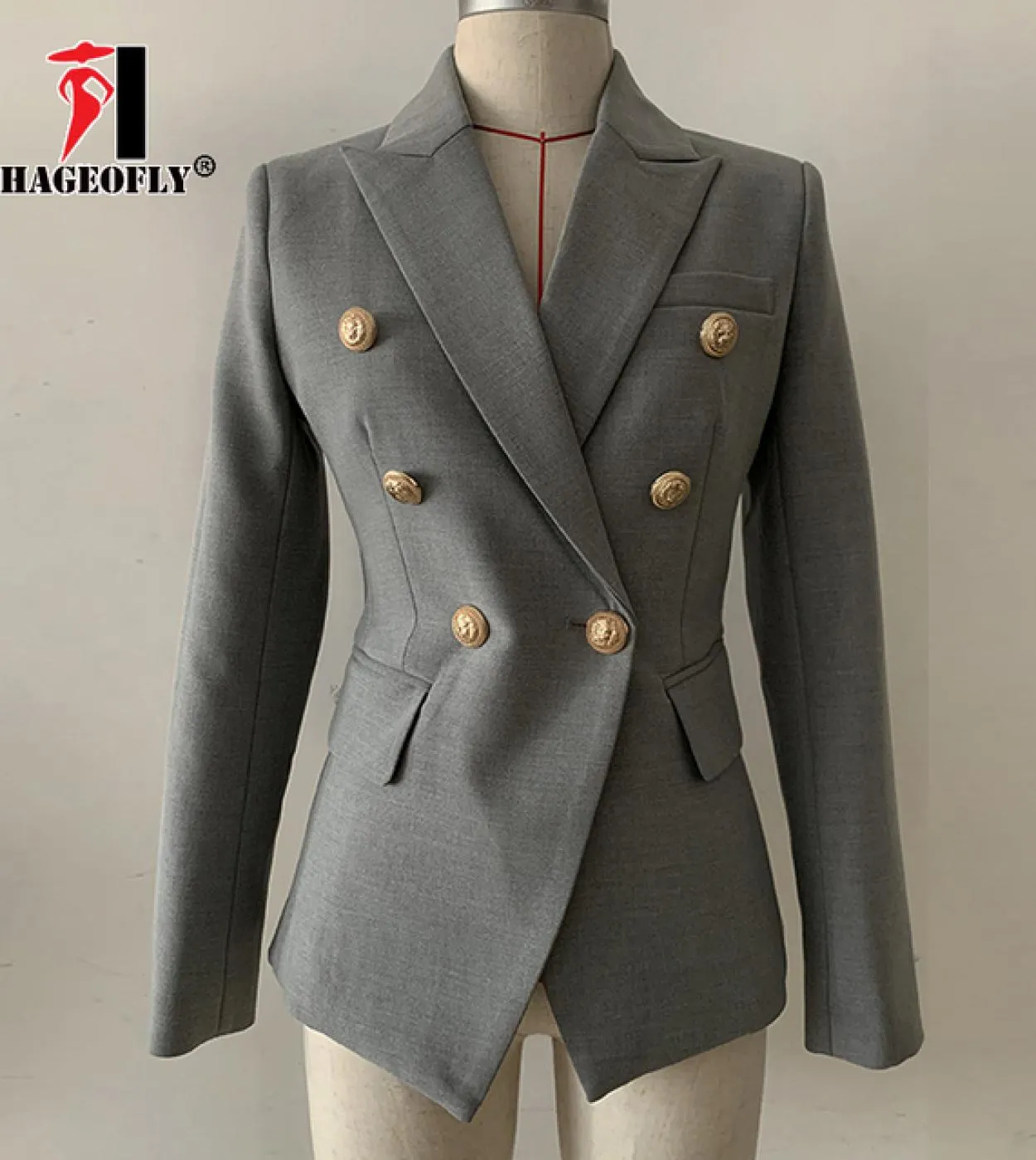 Blazer da donna grigio di alta qualità Giacca da donna da ufficio in oro doppiopetto con fibbia Slim Runway Outwear Coat Blazer