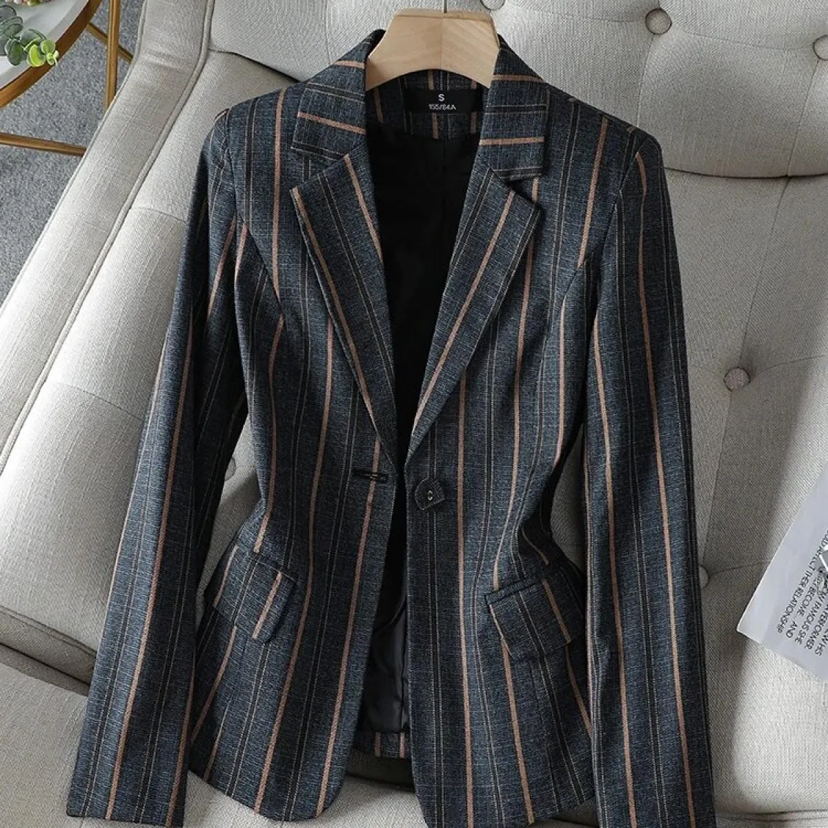 Blazer da lavoro da lavoro a righe grigie nere Giacca da donna slim primavera autunno manica lunga con un bottone