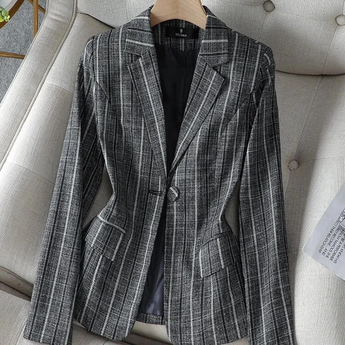 Blazer da lavoro da lavoro a righe grigie nere Giacca da donna slim primavera autunno manica lunga con un bottone