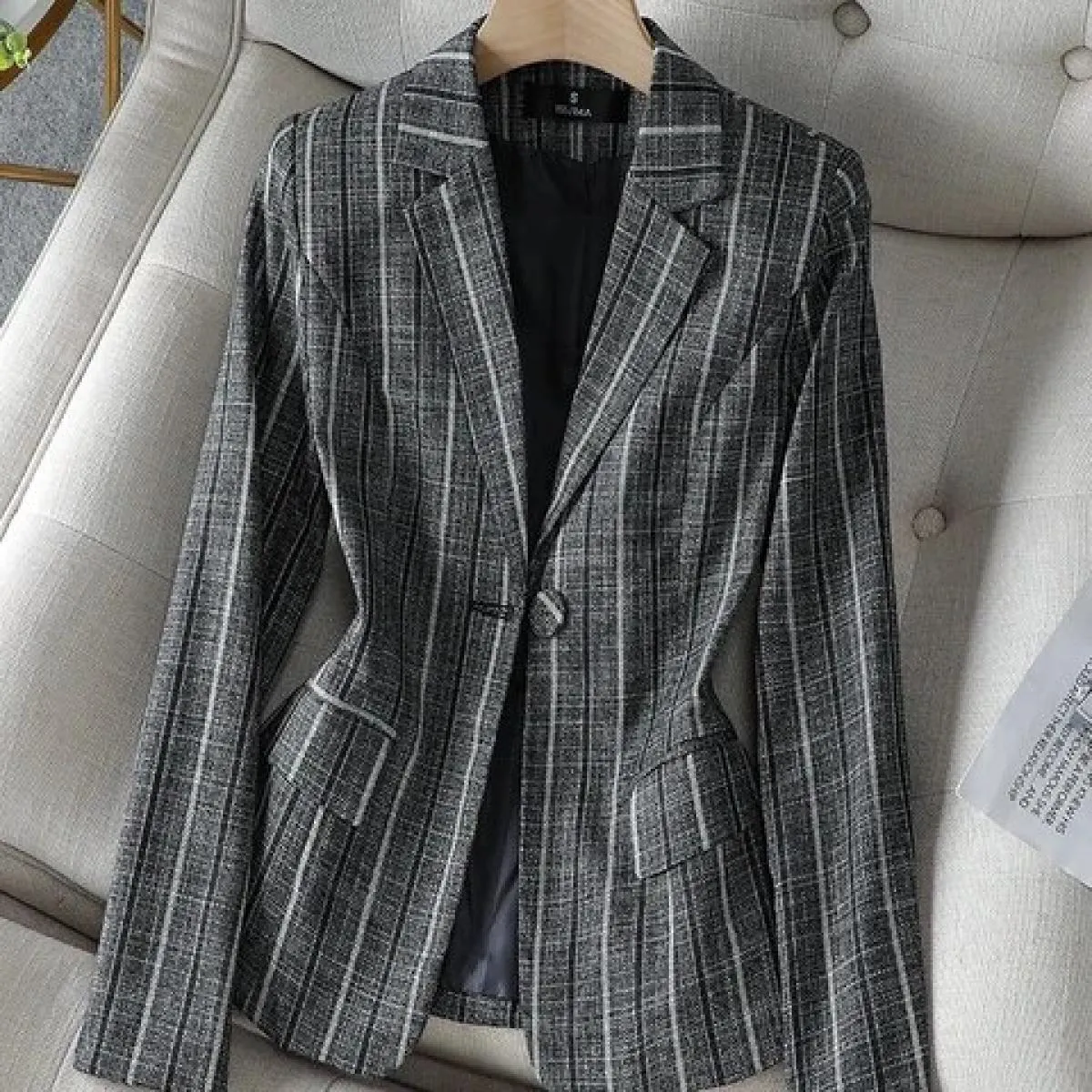 Blazer da lavoro da lavoro a righe grigie nere Giacca da donna slim primavera autunno manica lunga con un bottone