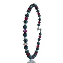 Bracciale cm 19 in argento 925 con perlina verde scuro mm 4 e cristalli swarovski ruby