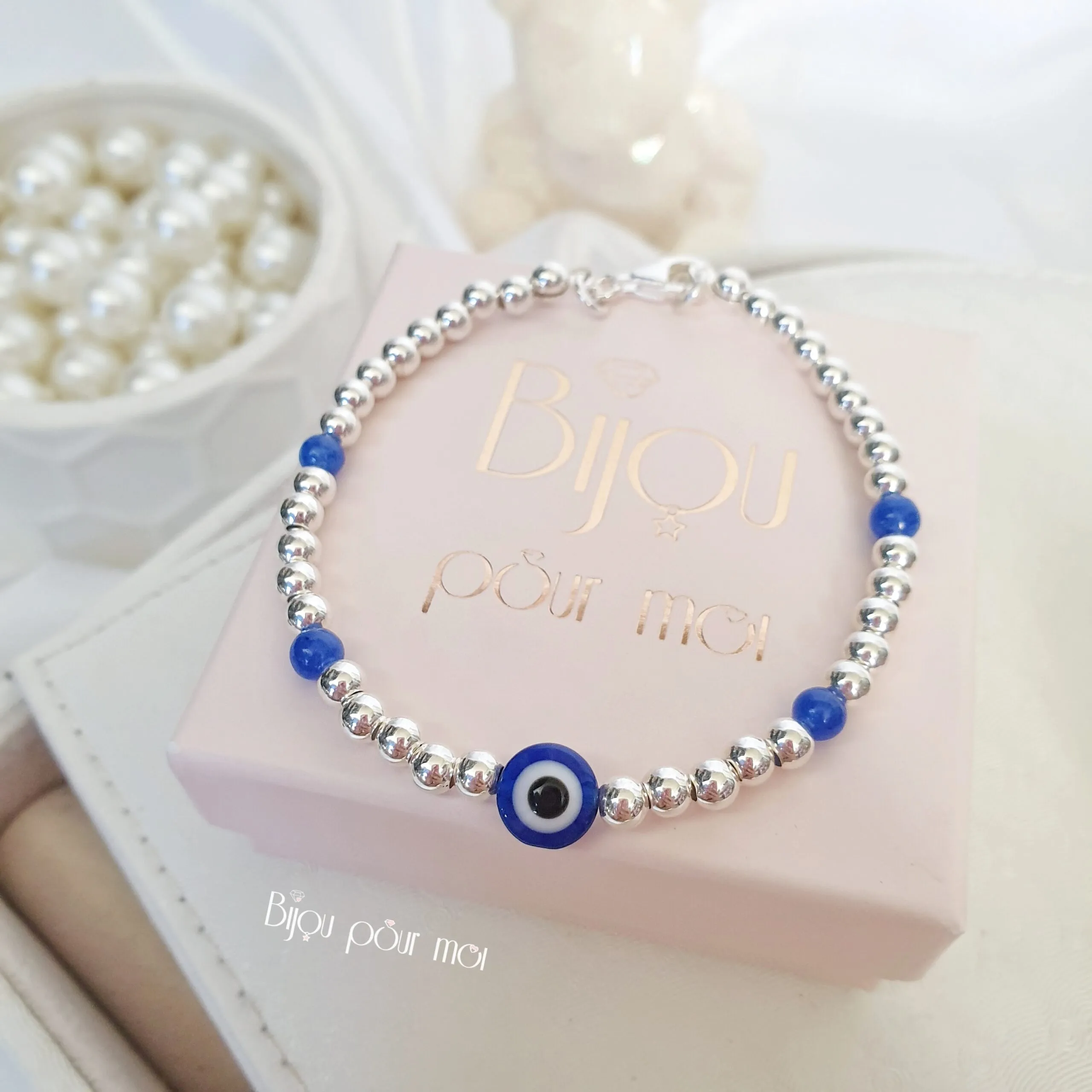 Bracciale “occhio turco” palline e agata blu – Argento925
