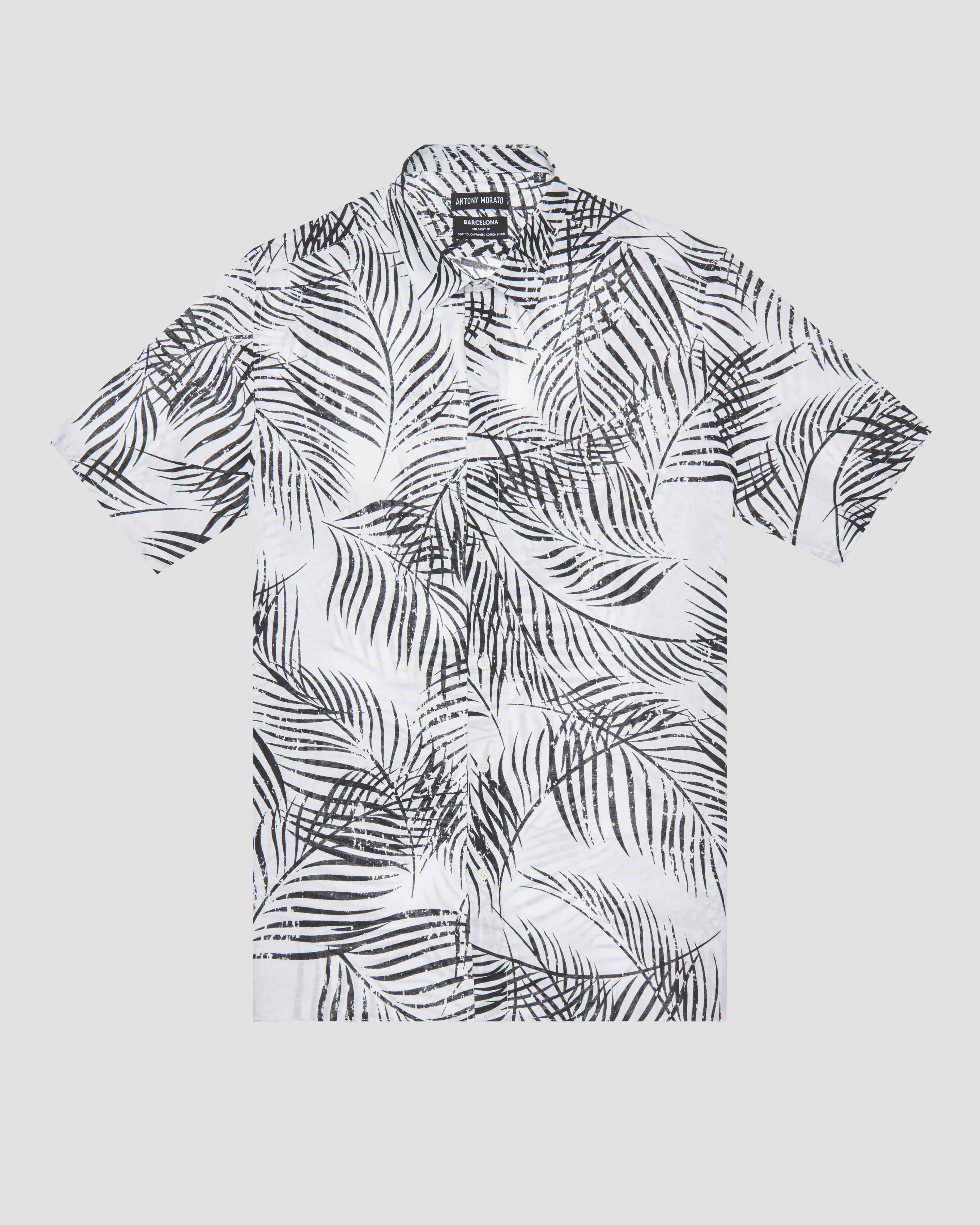 Camicia bianca mezza manica in misto lino e cotone a fantasia felci nere straight-fit