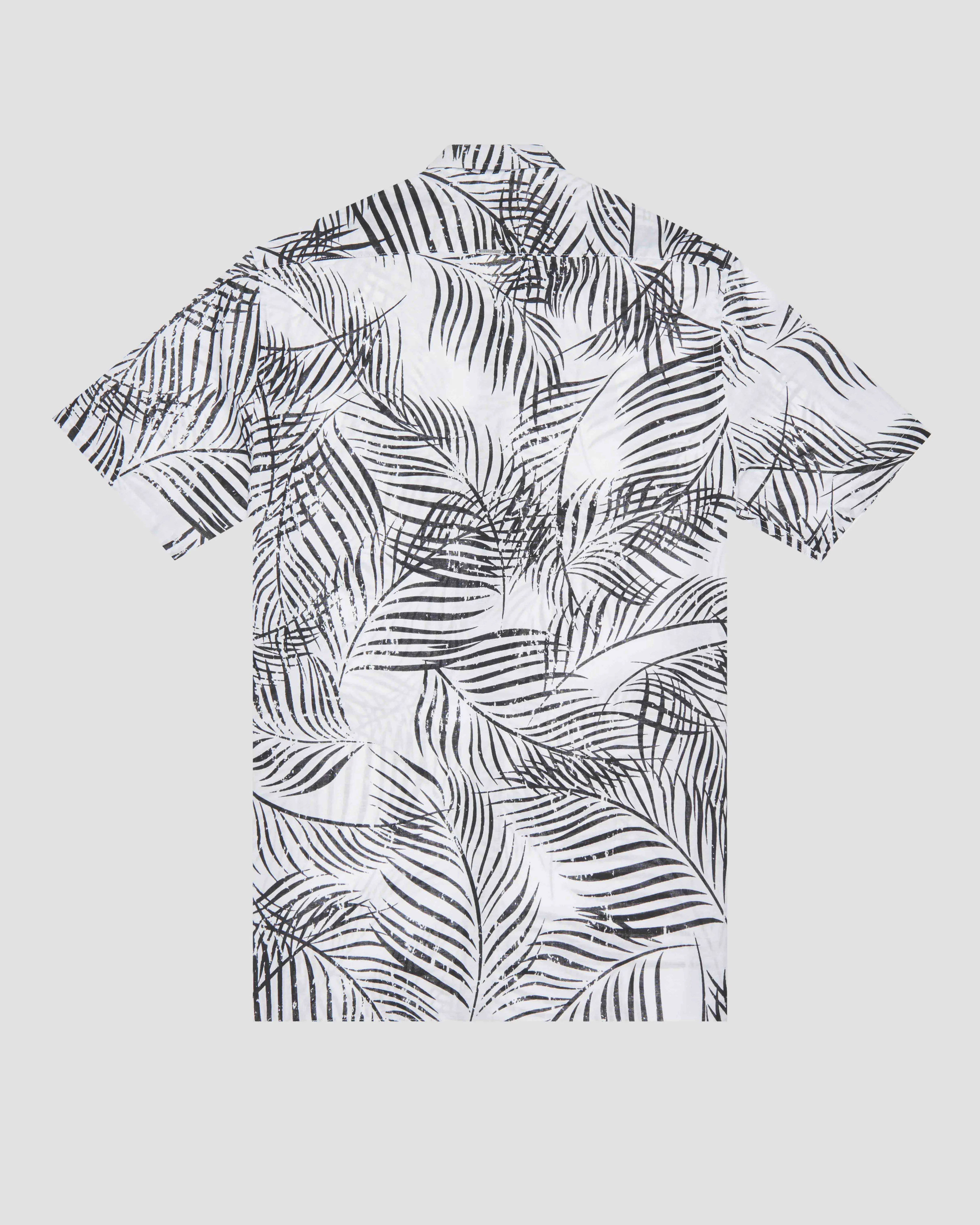 Camicia bianca mezza manica in misto lino e cotone a fantasia felci nere straight-fit
