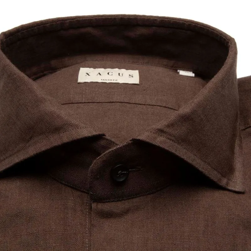 Camicia Tailor Fit marrone in lino 