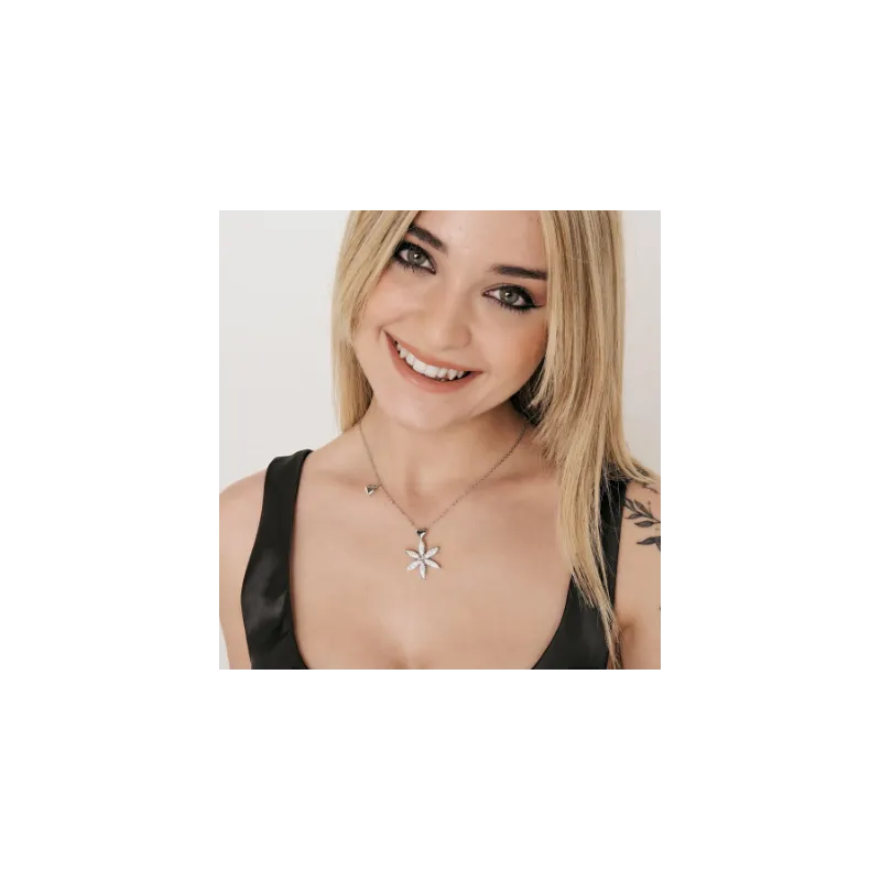 COLLANA DONNA LUNGA IN ACCIAIO CON FIORE DELLA VITA E CUORE