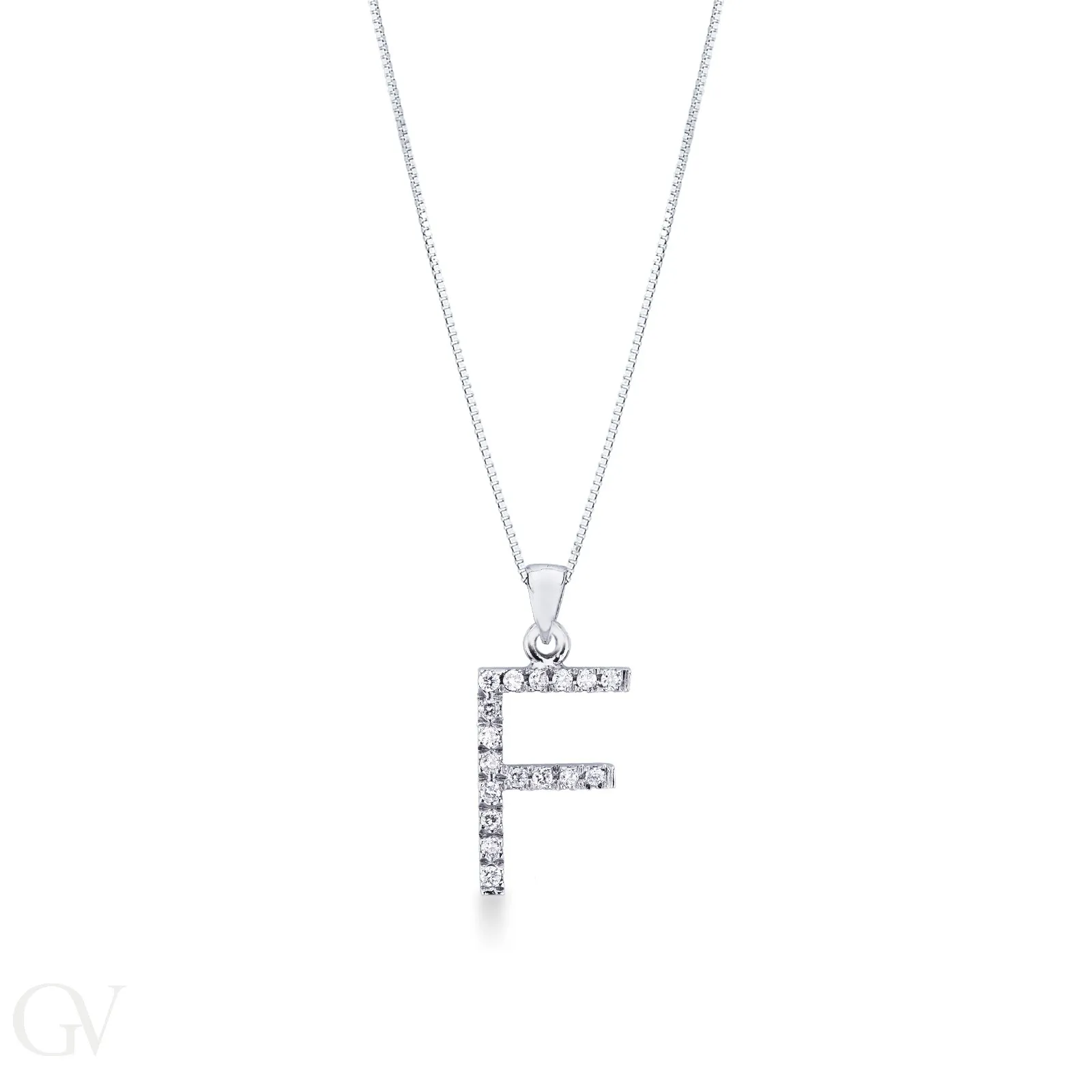 Collana lettera F in oro bianco 18k con diamanti, 1 cm