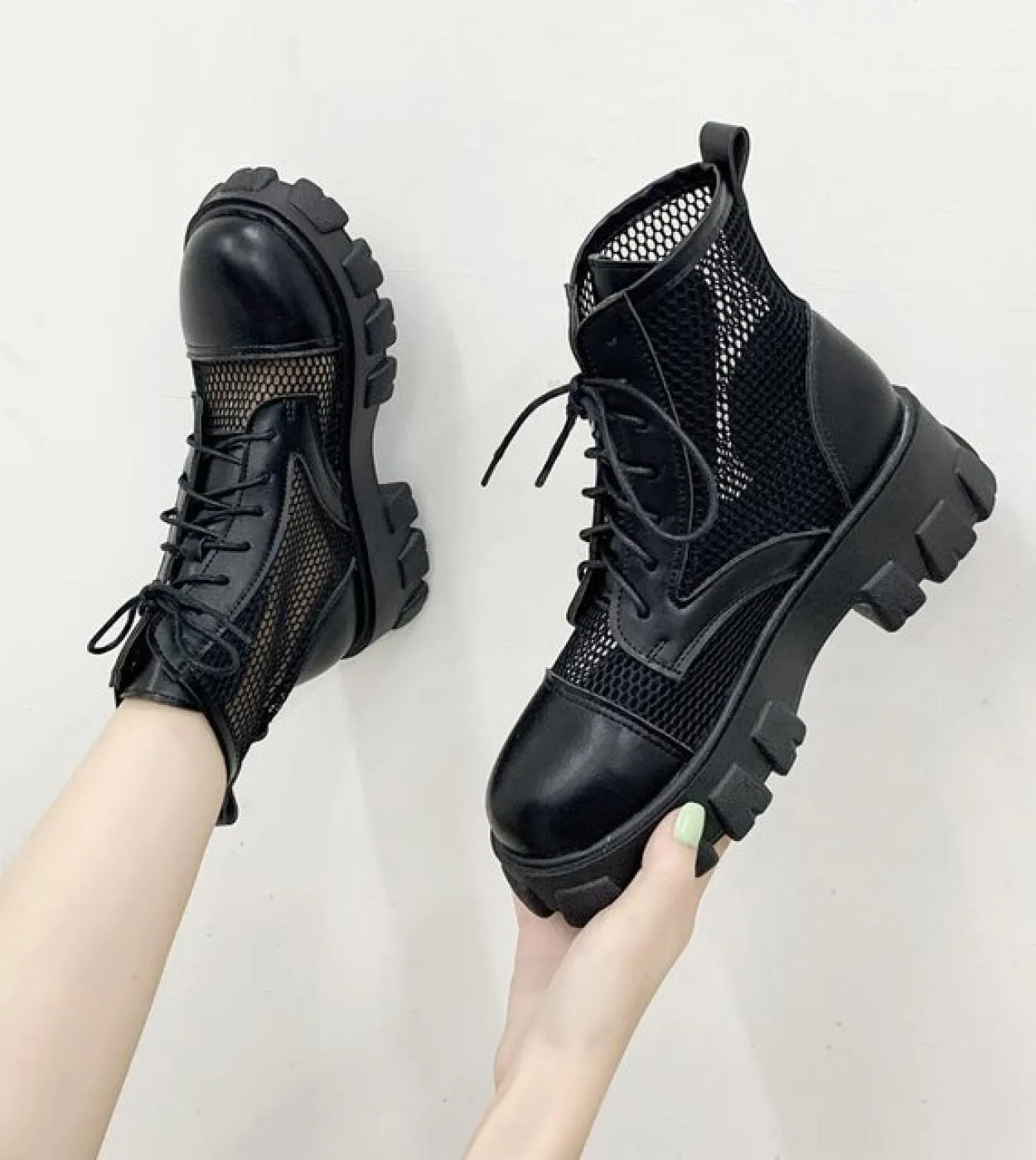 Comemore Women Boot Black Mesh Lace Up  New Punk Gothic Womens Ankle Boots Platform Shoes Women Summer Boots Ladies Siz