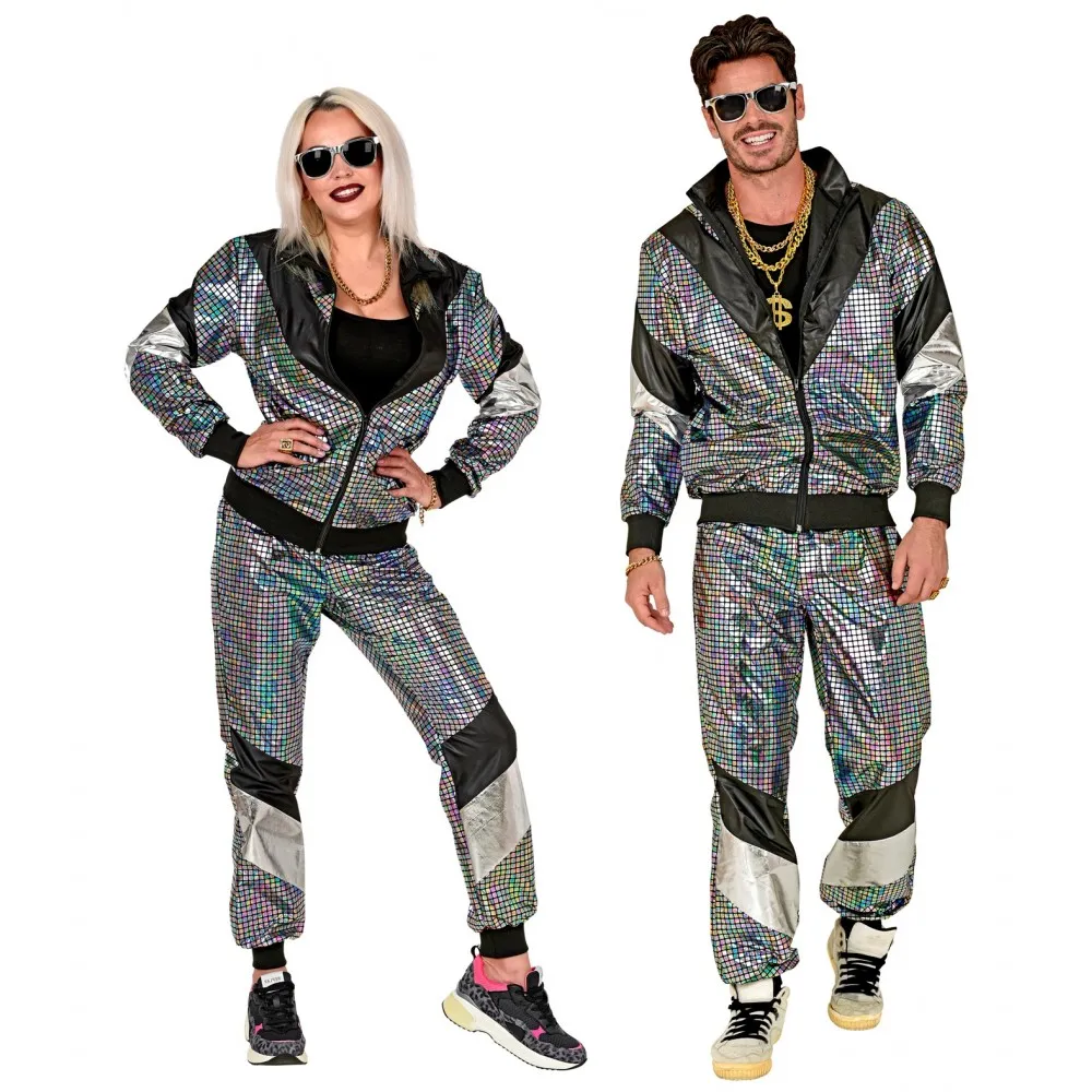 Costume Tuta Anni 80 Argento Riflettente Unisex per Feste a TemaTaglia L, Adulto
