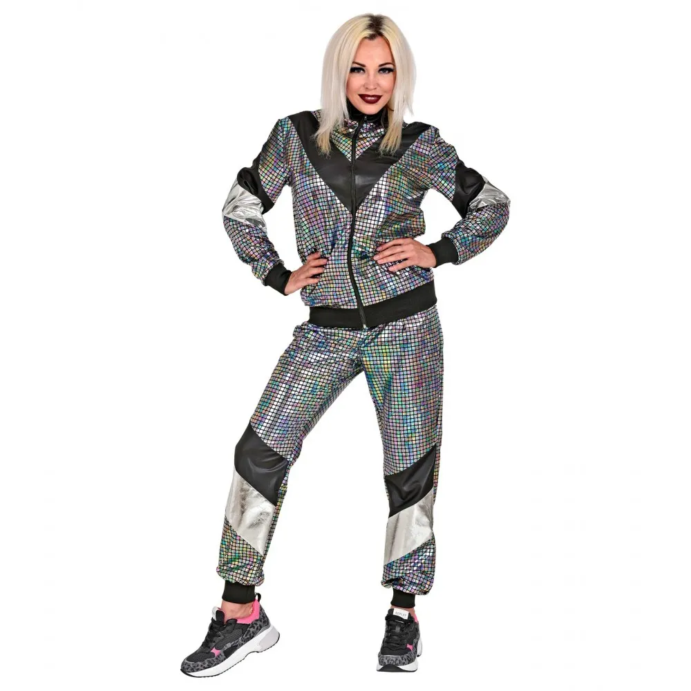 Costume Tuta Anni 80 Argento Riflettente Unisex per Feste a TemaTaglia L, Adulto