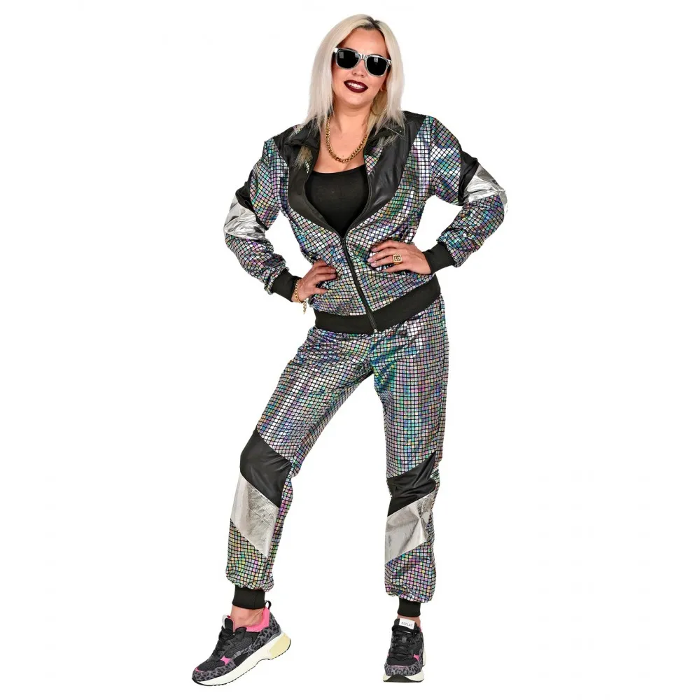 Costume Tuta Anni 80 Argento Riflettente Unisex per Feste a TemaTaglia L, Adulto