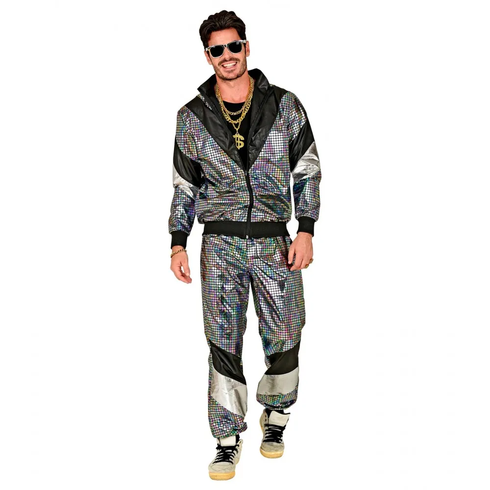 Costume Tuta Anni 80 Argento Riflettente Unisex per Feste a TemaTaglia L, Adulto