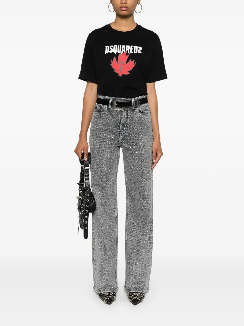 Dsquared2 T-shirt Nero Donna Logo Foglia