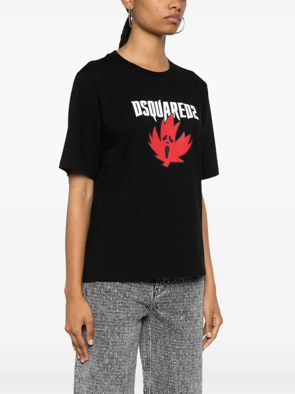 Dsquared2 T-shirt Nero Donna Logo Foglia