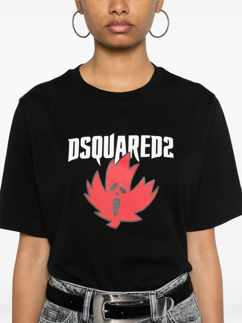 Dsquared2 T-shirt Nero Donna Logo Foglia