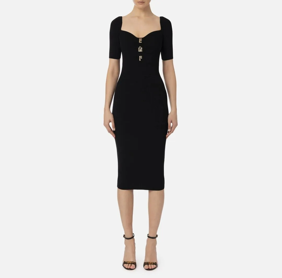 ELISABETTA FRANCHI Abito midi in viscosa a costine con lettering