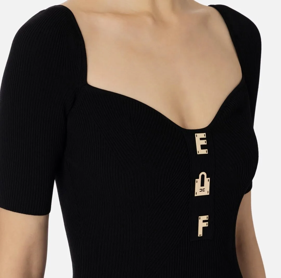 ELISABETTA FRANCHI Abito midi in viscosa a costine con lettering