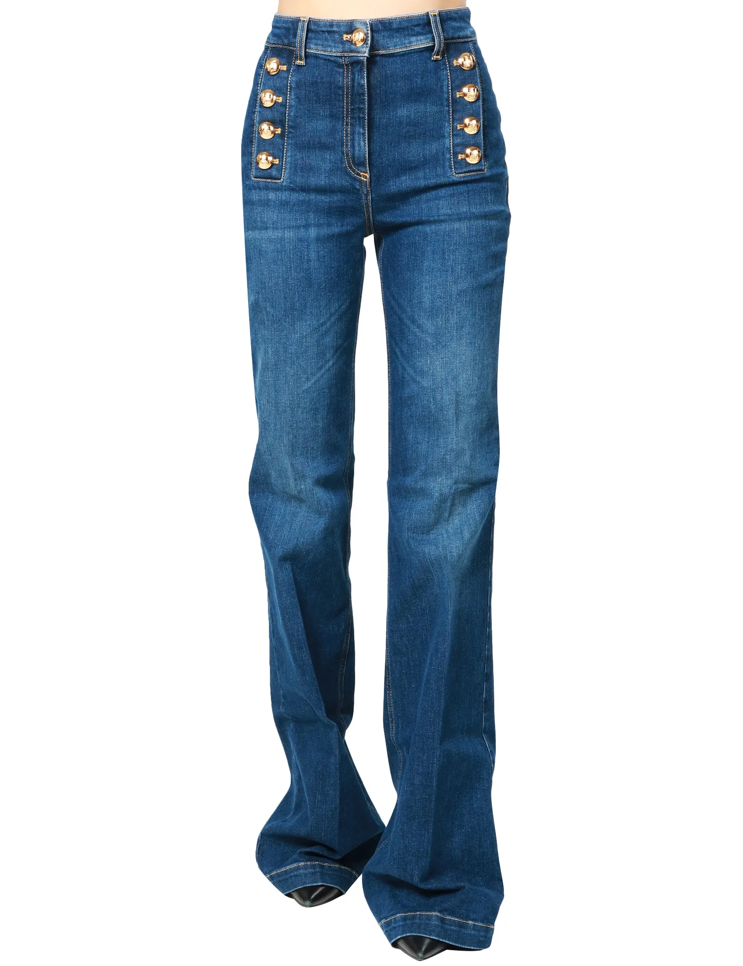 ELISABETTA FRANCHI JEANS DONNA ELISABETTA FRANCHI DENIM BLU A ZAMPA CON BOTTONIERA IN METALLO DORATO SUL BACINO