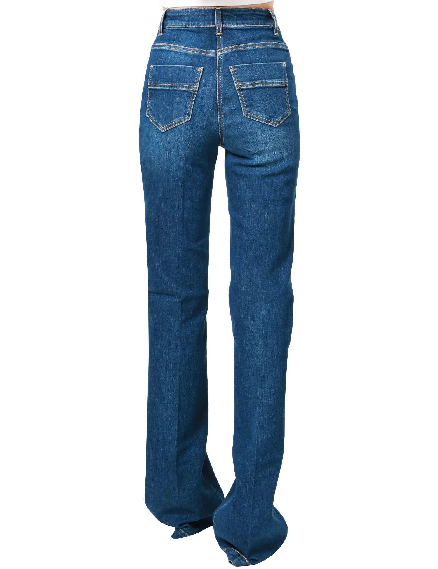 ELISABETTA FRANCHI JEANS DONNA ELISABETTA FRANCHI DENIM BLU A ZAMPA CON BOTTONIERA IN METALLO DORATO SUL BACINO
