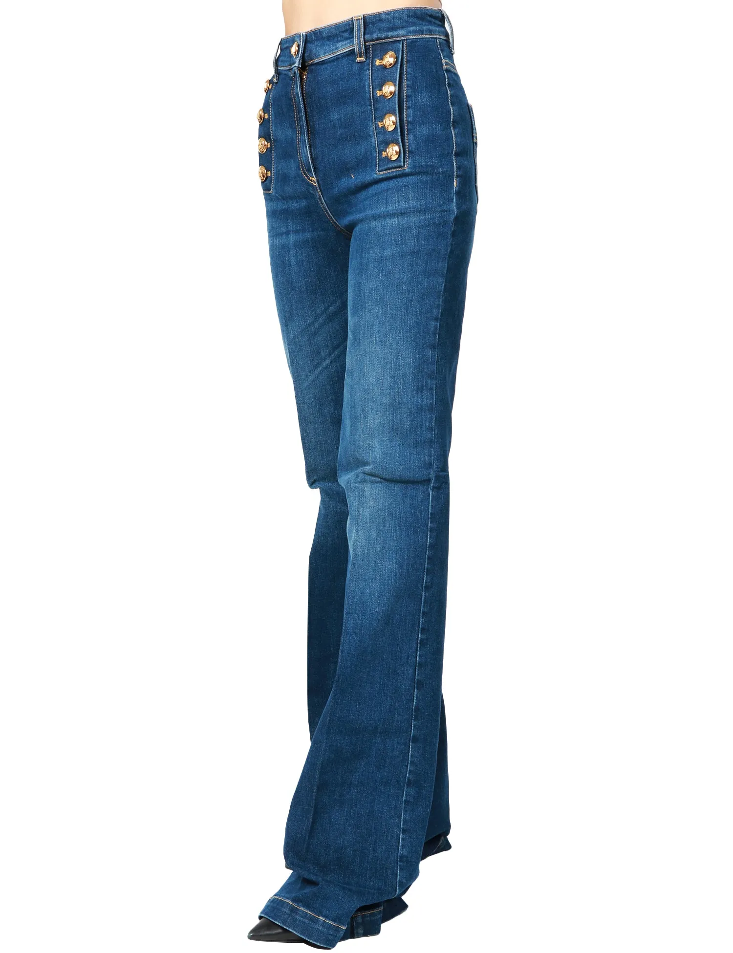 ELISABETTA FRANCHI JEANS DONNA ELISABETTA FRANCHI DENIM BLU A ZAMPA CON BOTTONIERA IN METALLO DORATO SUL BACINO