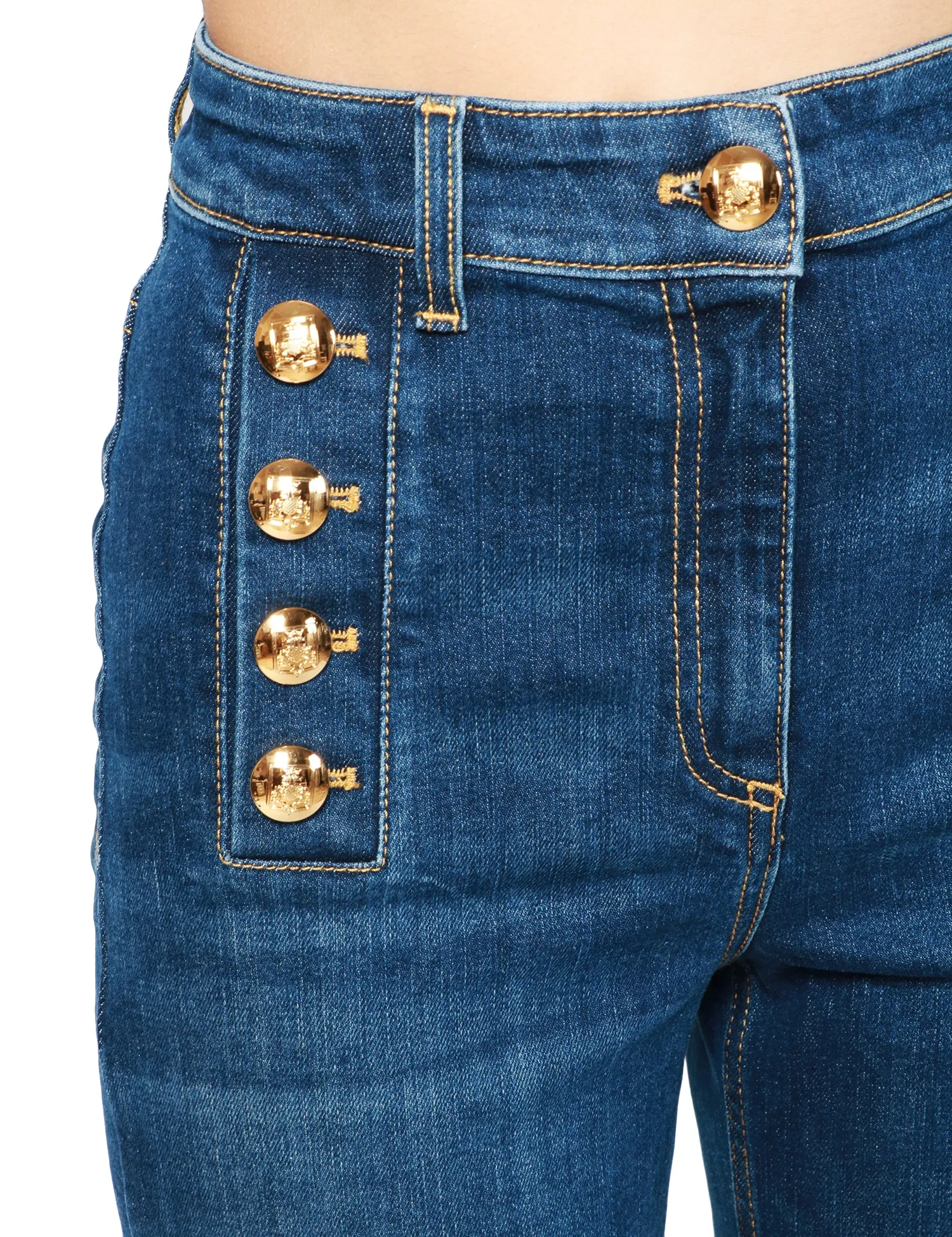 ELISABETTA FRANCHI JEANS DONNA ELISABETTA FRANCHI DENIM BLU A ZAMPA CON BOTTONIERA IN METALLO DORATO SUL BACINO