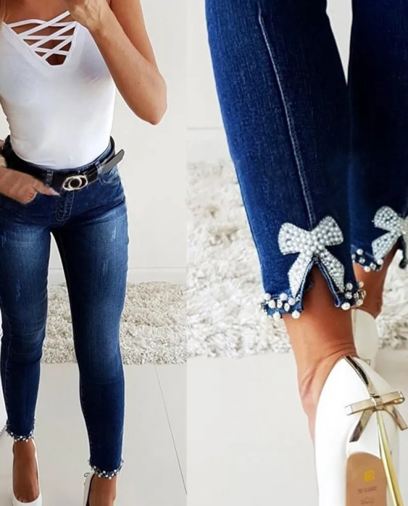Factory Direct Sales  And  Slim Jeans For Women, Slim Butterfly Adhesive Flower Beads, Slits, Pencil Trousers For Small