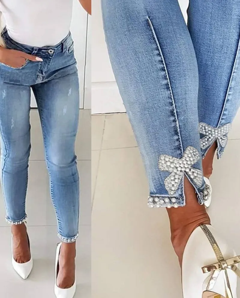 Factory Direct Sales  And  Slim Jeans For Women, Slim Butterfly Adhesive Flower Beads, Slits, Pencil Trousers For Small