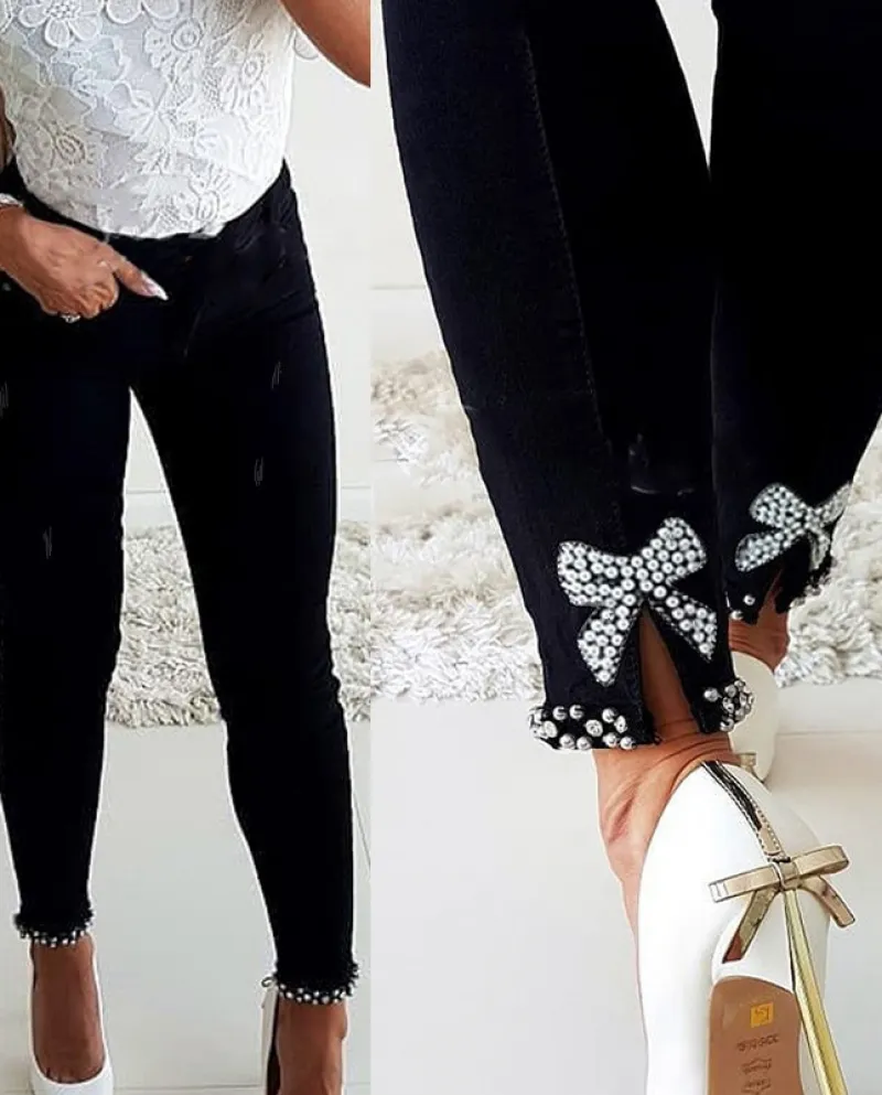 Factory Direct Sales  And  Slim Jeans For Women, Slim Butterfly Adhesive Flower Beads, Slits, Pencil Trousers For Small