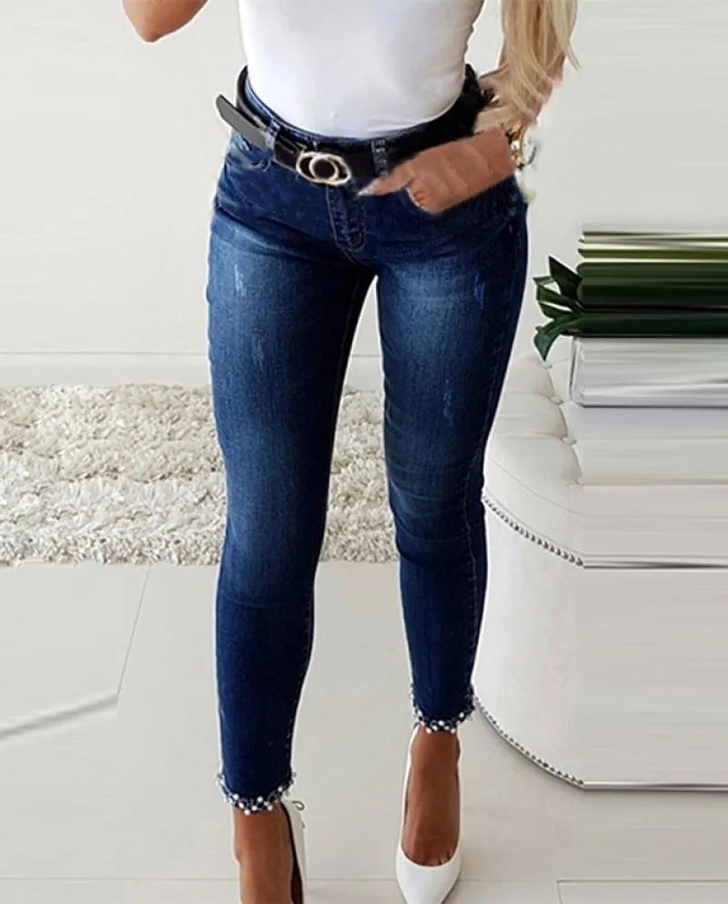 Factory Direct Sales  And  Slim Jeans For Women, Slim Butterfly Adhesive Flower Beads, Slits, Pencil Trousers For Small