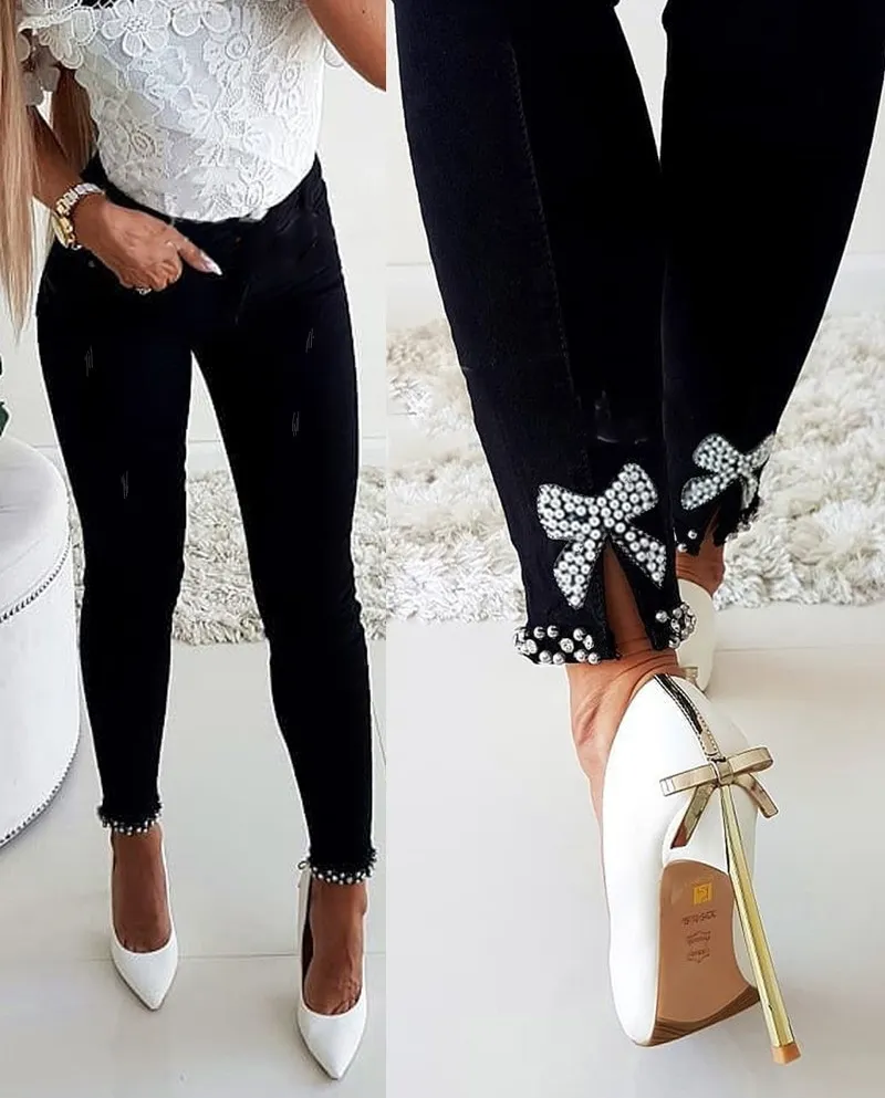 Factory Direct Sales  And  Slim Jeans For Women, Slim Butterfly Adhesive Flower Beads, Slits, Pencil Trousers For Small
