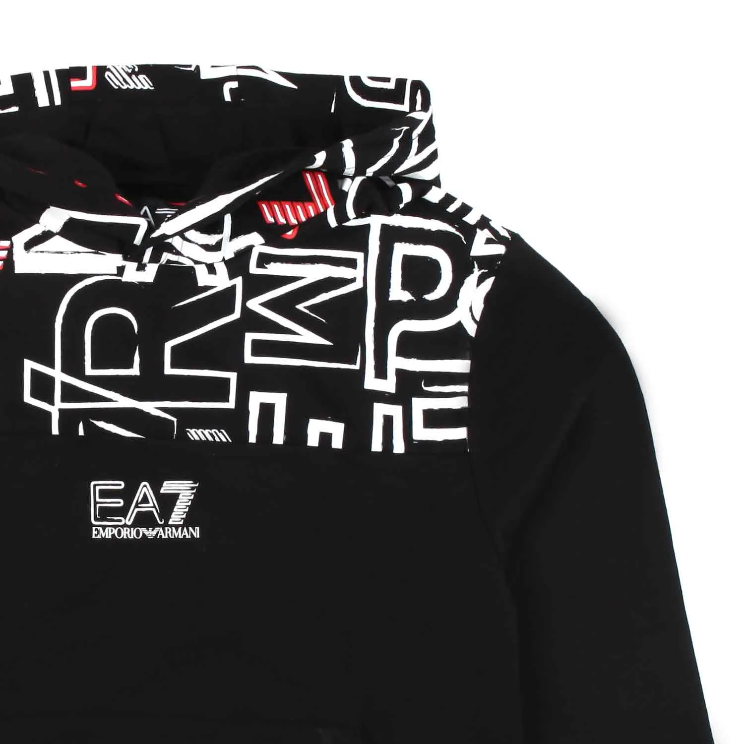 Felpa Hoodie Nera Con Loghi Ea7 Bianchi E Rossi