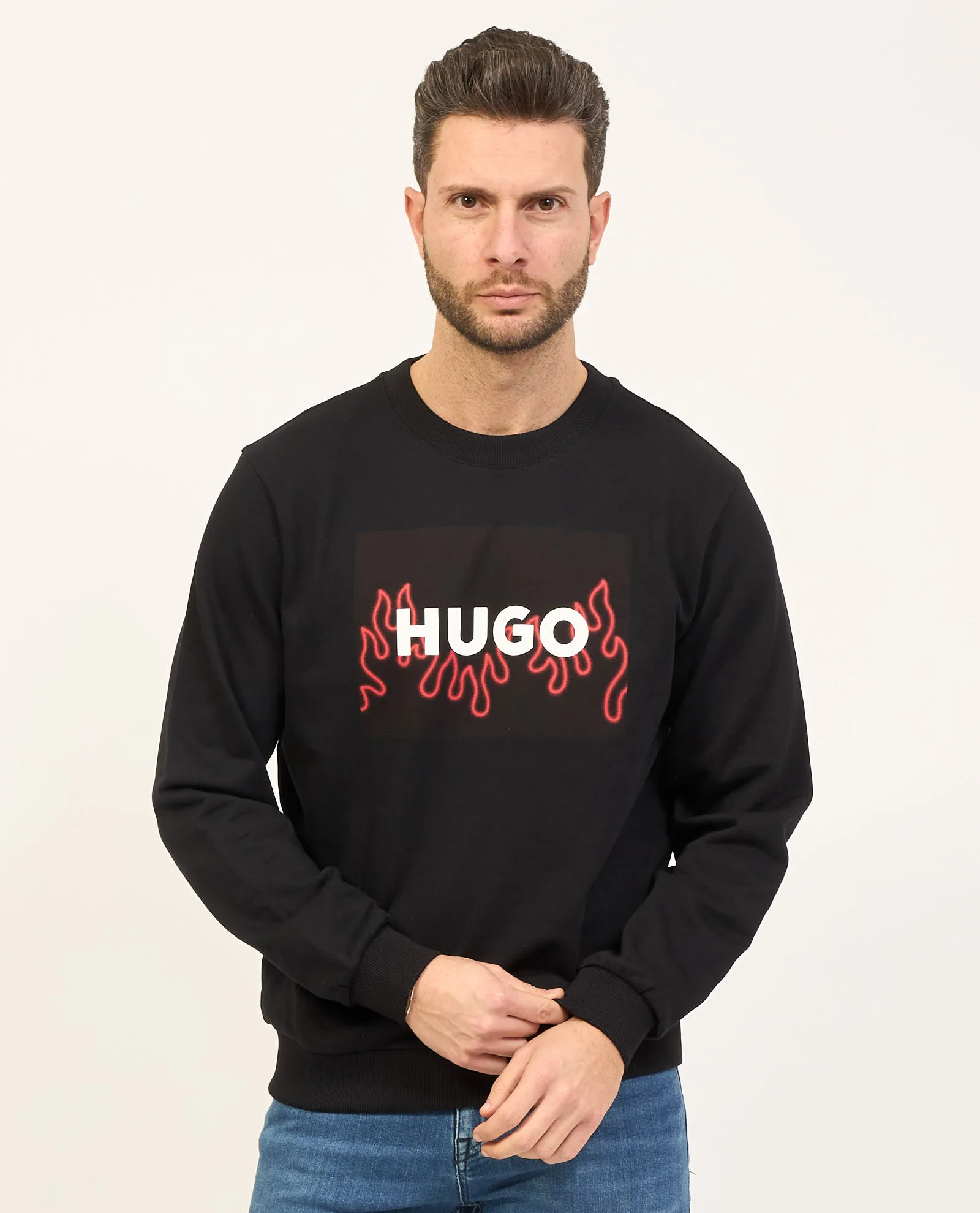 Felpa uomo Hugo in cotone con logo su fiamma
