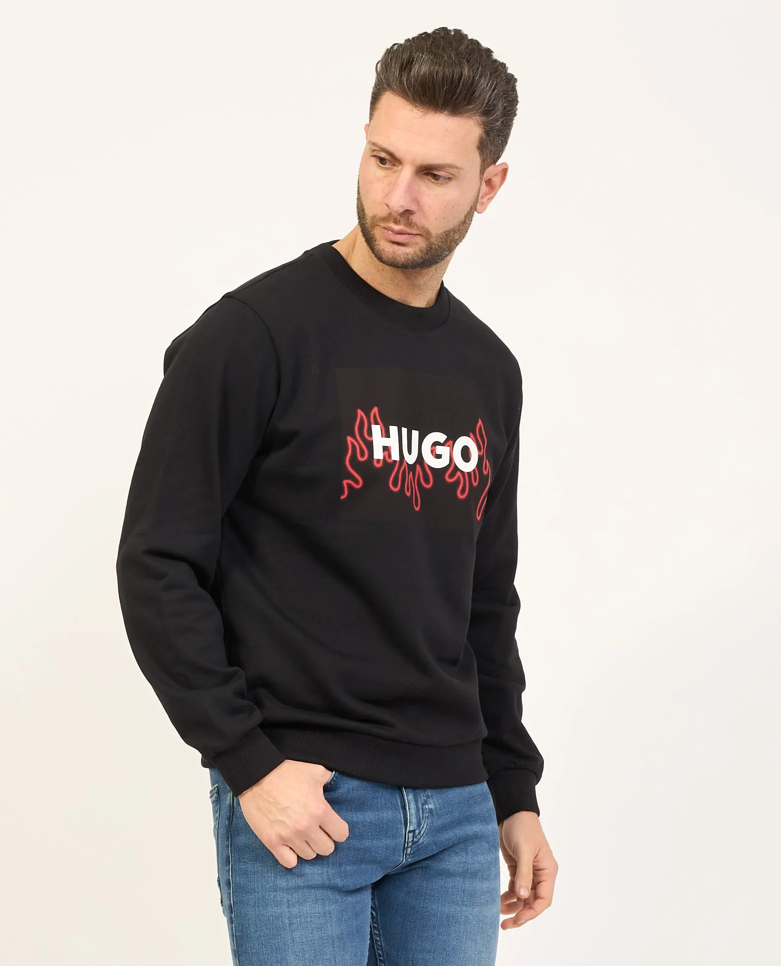 Felpa uomo Hugo in cotone con logo su fiamma