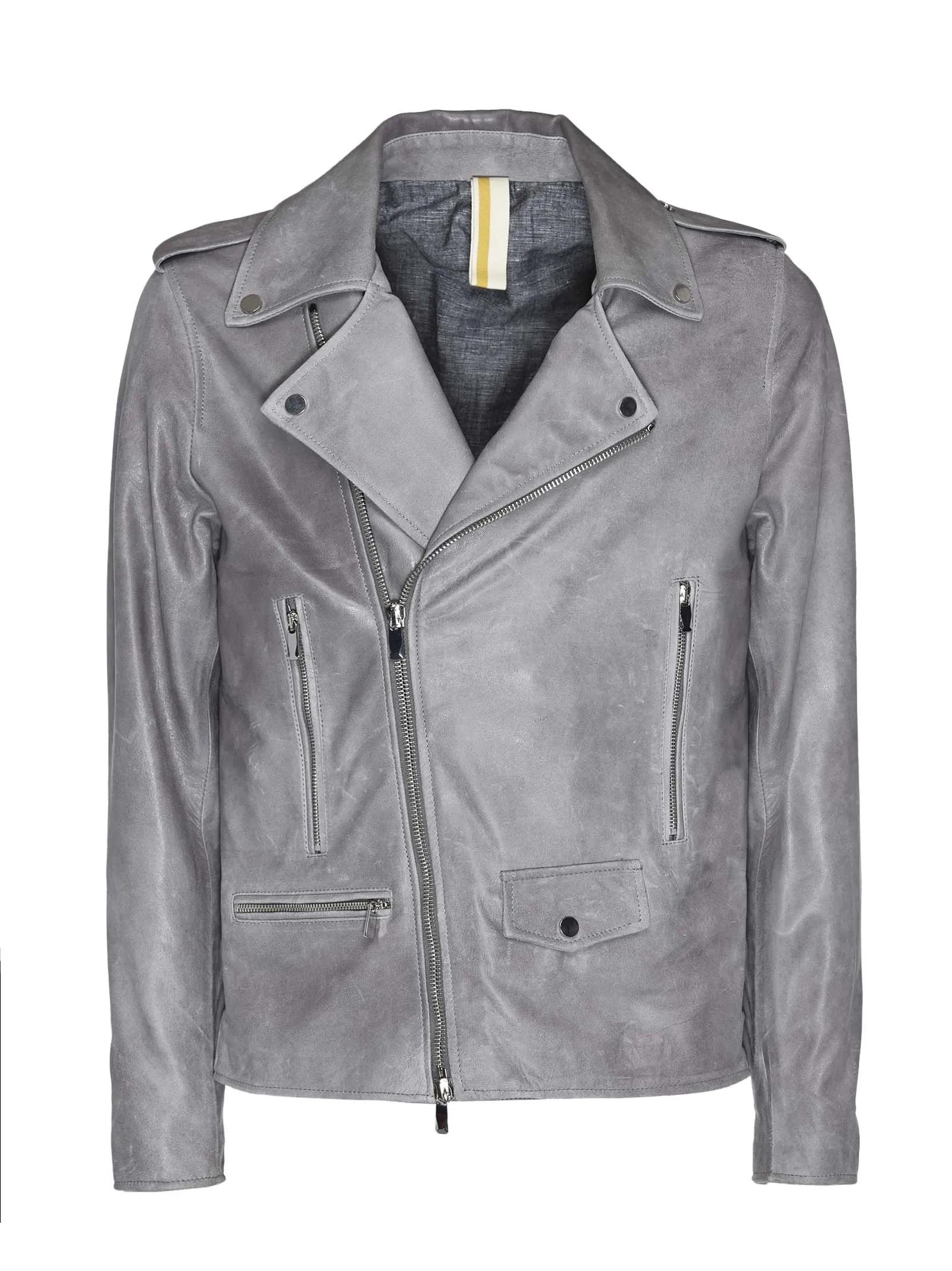 Gray leather biker jacket with multi pockets and shoulder patches / Grey