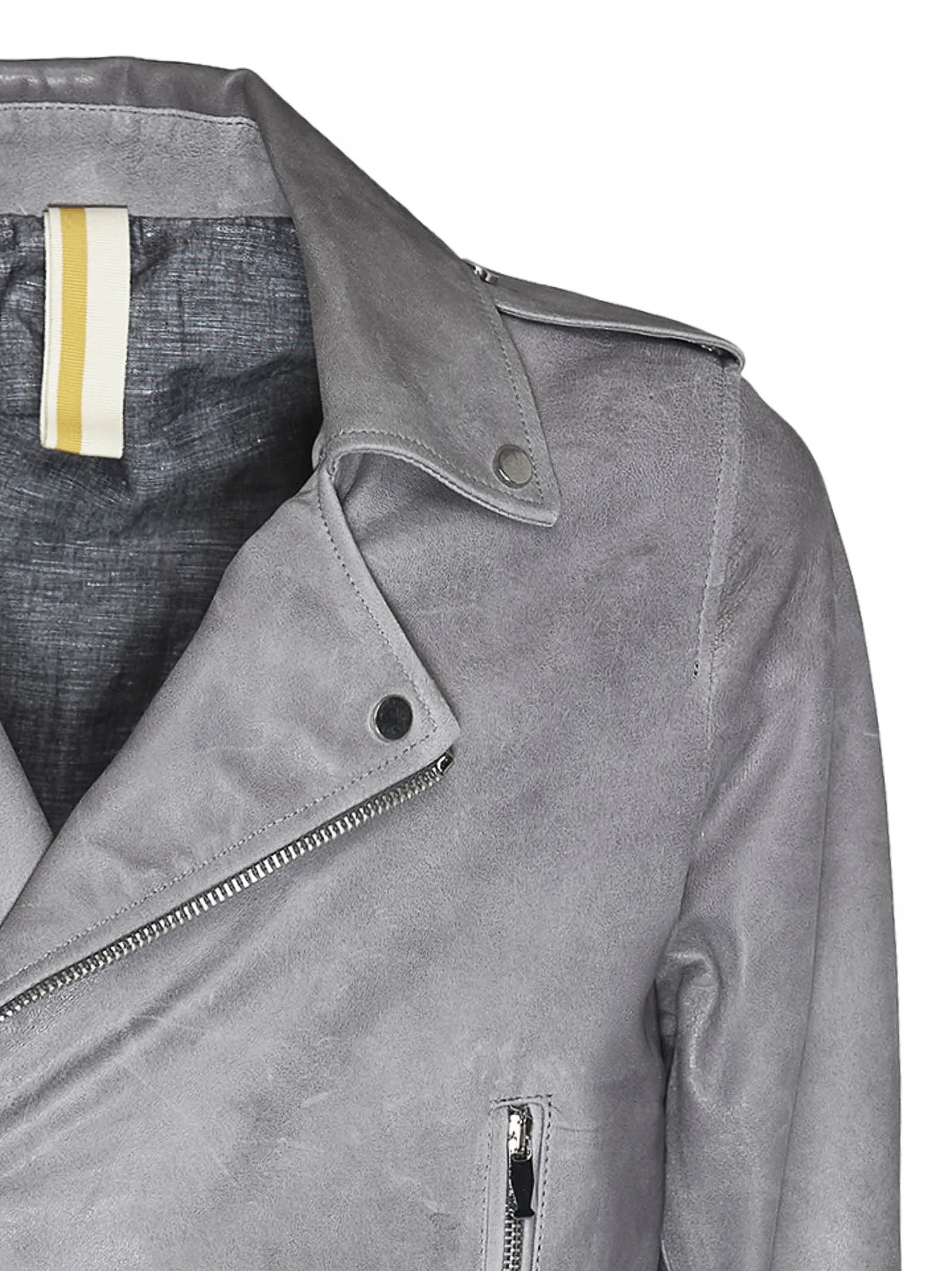 Gray leather biker jacket with multi pockets and shoulder patches / Grey