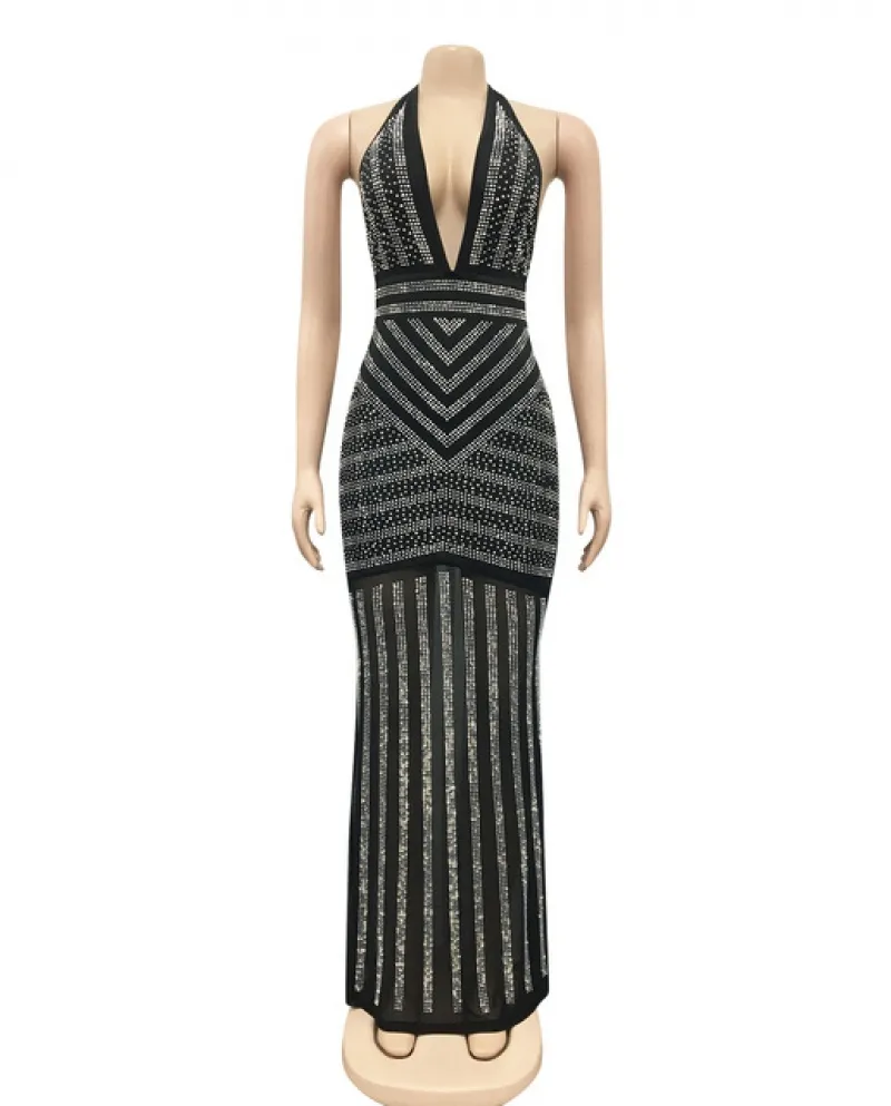 Hirigin Abito lungo in cristallo nero con scollo allamericana Embelleshied Donna senza schienale S