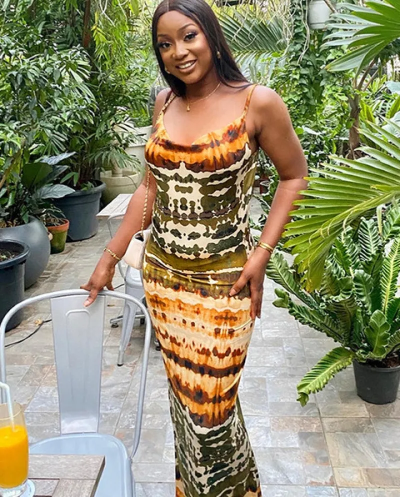 Hirigin Multi Color Tie Dye Maxi Dress Donna Elegante Collo Basso Spaghett